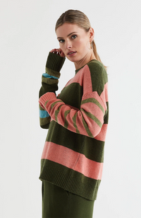 Lambswool Stripe Crew Neck Jumper - Olive
