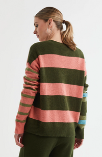 Lambswool Stripe Crew Neck Jumper - Olive