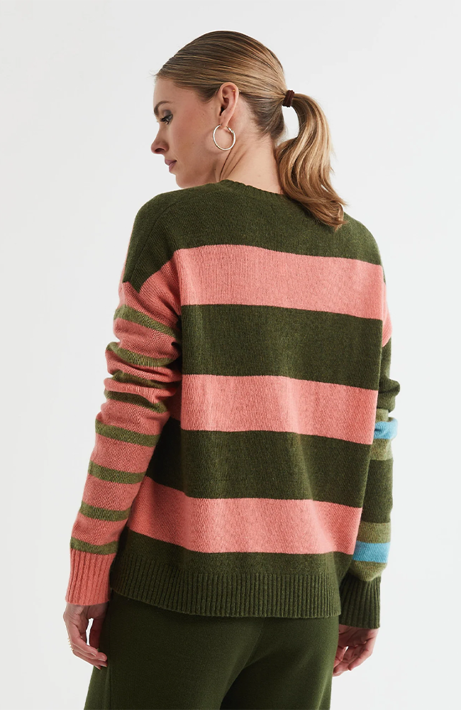 Lambswool Stripe Crew Neck Jumper - Olive