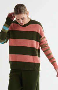 Lambswool Stripe Crew Neck Jumper - Olive