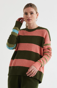Lambswool Stripe Crew Neck Jumper - Olive
