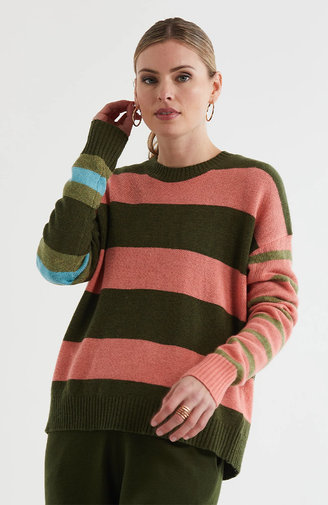 Lambswool Stripe Crew Neck Jumper - Olive