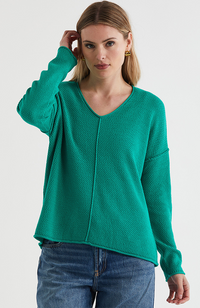 Birdseye V Neck Jumper - Grass