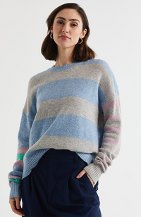 Lambswool Stripe Crew Neck Jumper - Sky