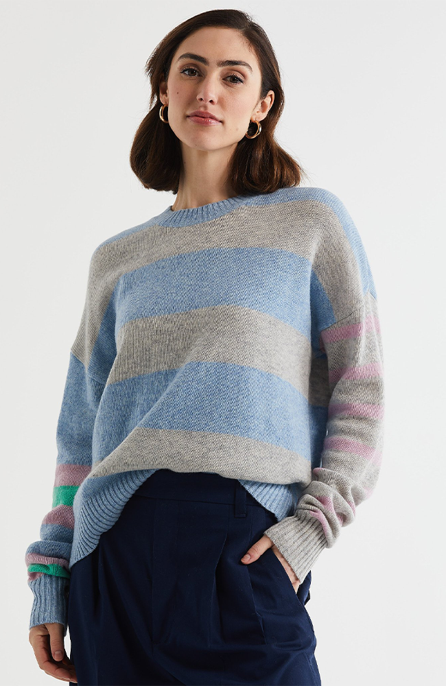 Lambswool Stripe Crew Neck Jumper - Sky