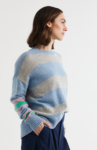 Lambswool Stripe Crew Neck Jumper - Sky