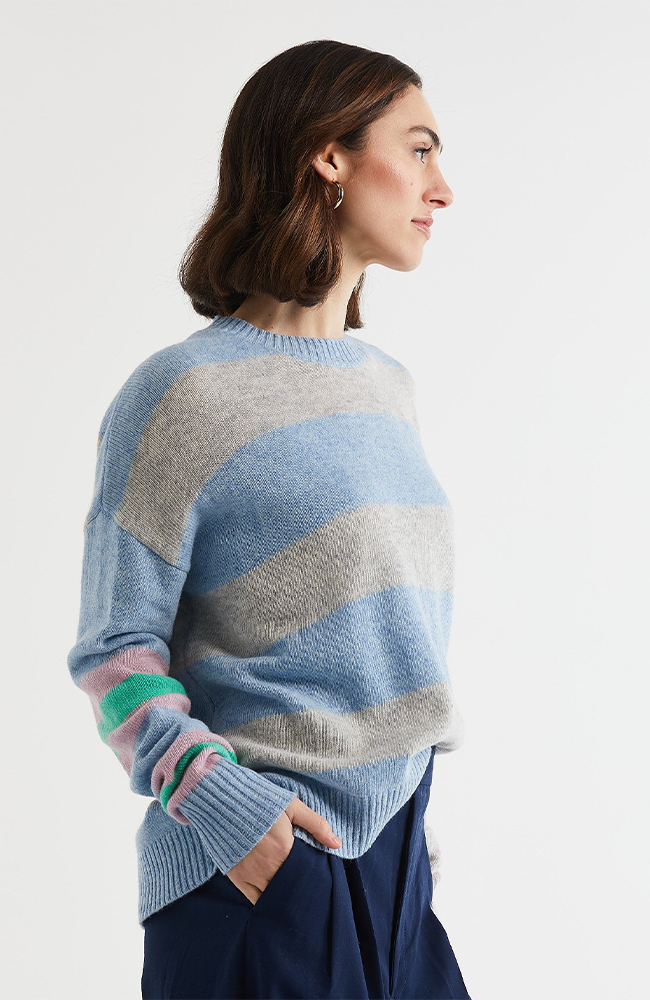Lambswool Stripe Crew Neck Jumper - Sky