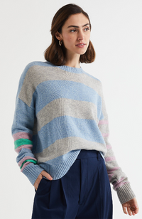 Lambswool Stripe Crew Neck Jumper - Sky