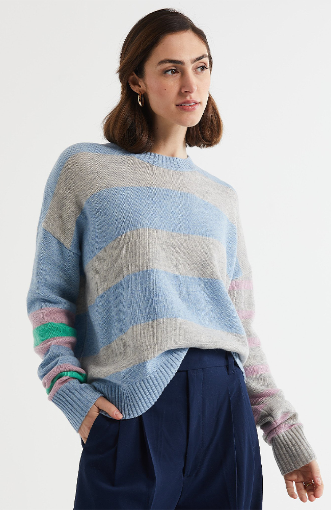 Lambswool Stripe Crew Neck Jumper - Sky
