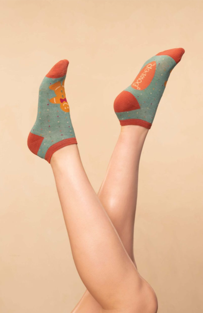 Ladies Trainer Socks – Gingerbread Man Aqua
