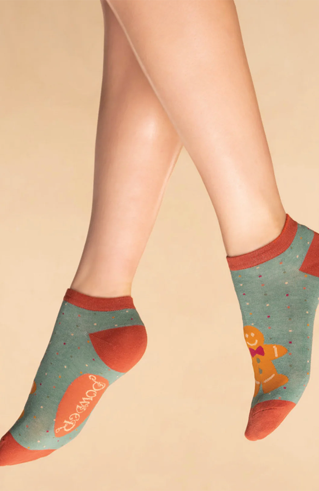 Ladies Trainer Socks – Gingerbread Man Aqua