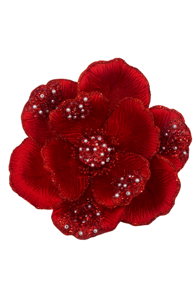 Clip On Beaded Magnolia - Red