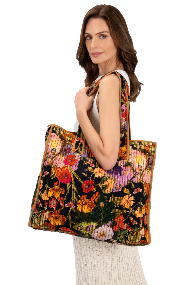 Luxe Velvet Quilted Tote - Midnight Posy
