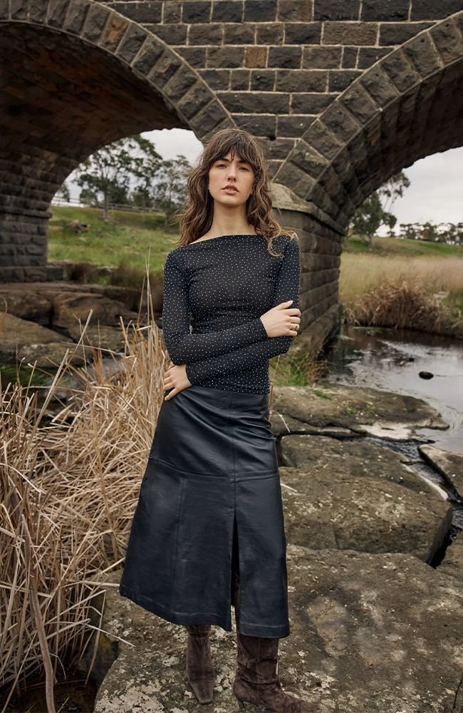 Brae Leather Midi Skirt