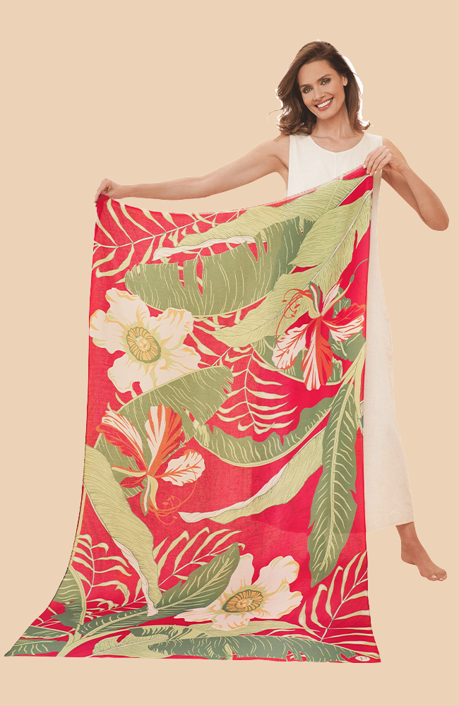 Linen Scarf - Delicate Tropical, Dark Rose