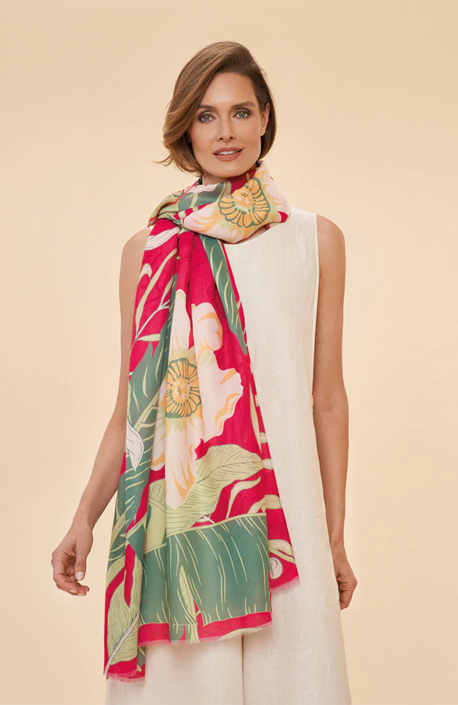 Linen Scarf - Delicate Tropical, Dark Rose