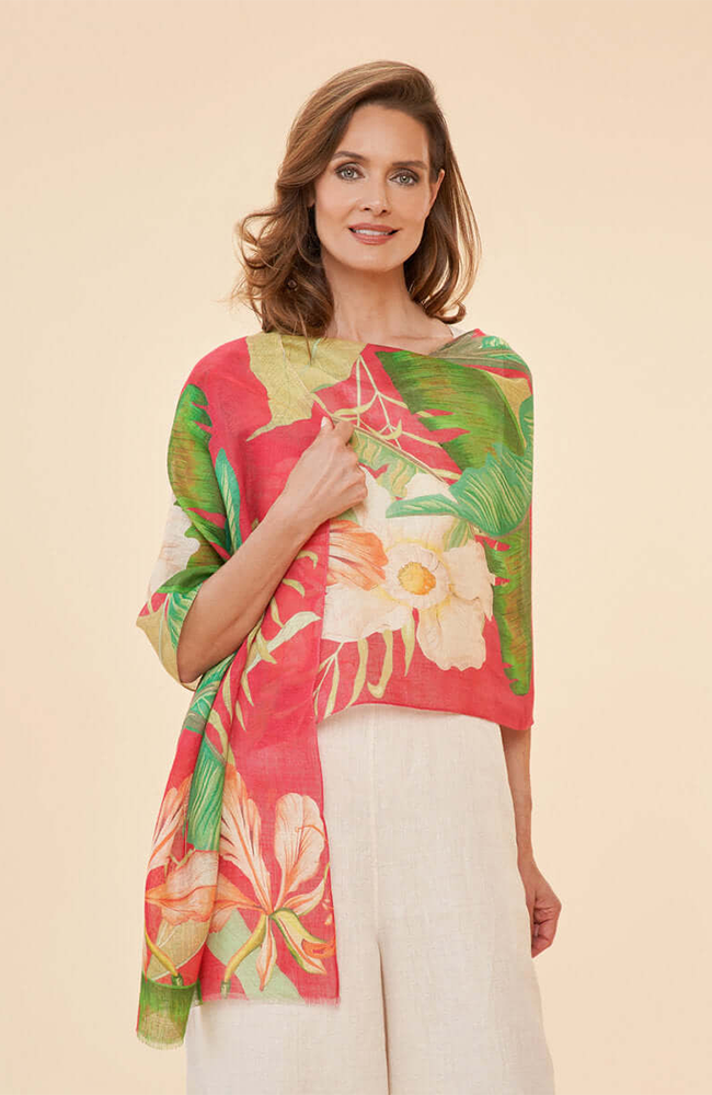 Linen Scarf - Delicate Tropical, Dark Rose