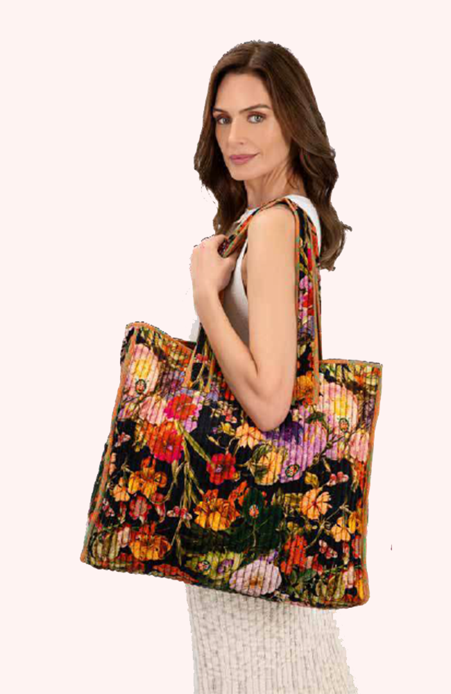 Luxe Velvet Quilted Tote - Midnight Posy