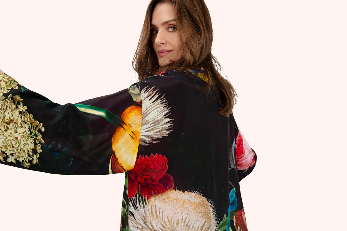 Mid-Length Kimono - Opulant Florals, Chocolate