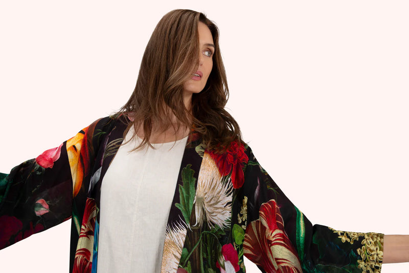 Mid-Length Kimono - Opulant Florals, Chocolate