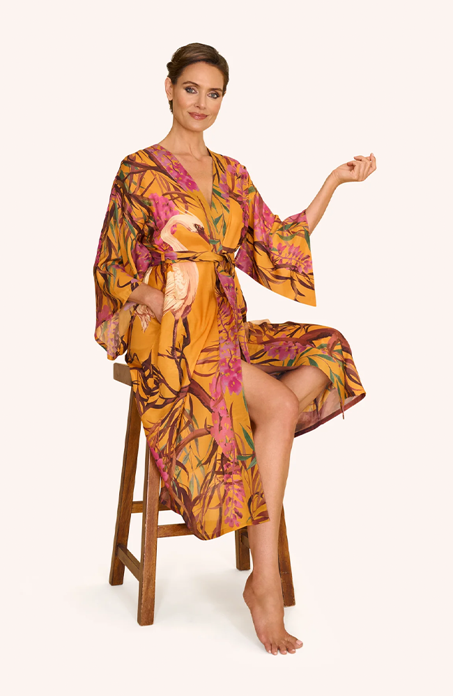 Kimono Gown Oriental Crane - Ochre