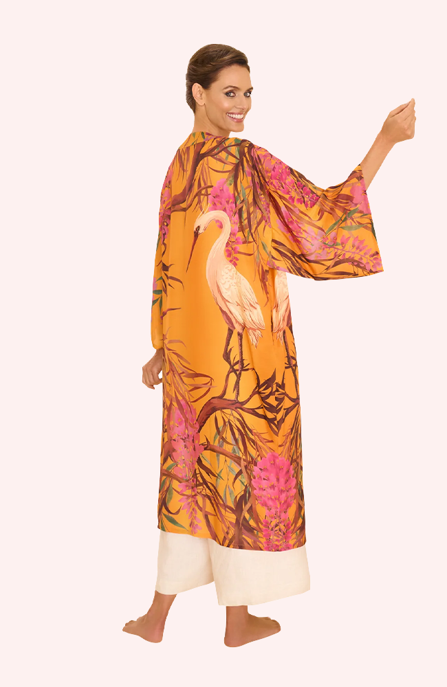 Kimono Gown Oriental Crane - Ochre