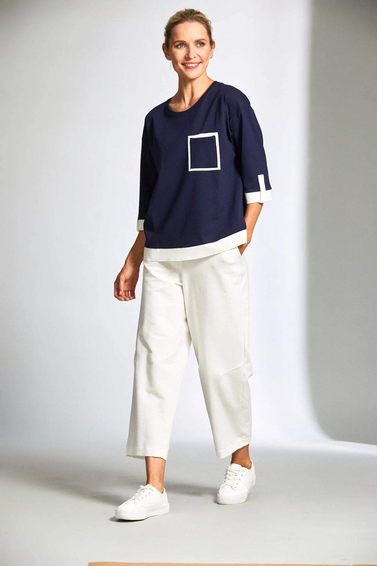 Contrast Panel Top - Navy/Ecru