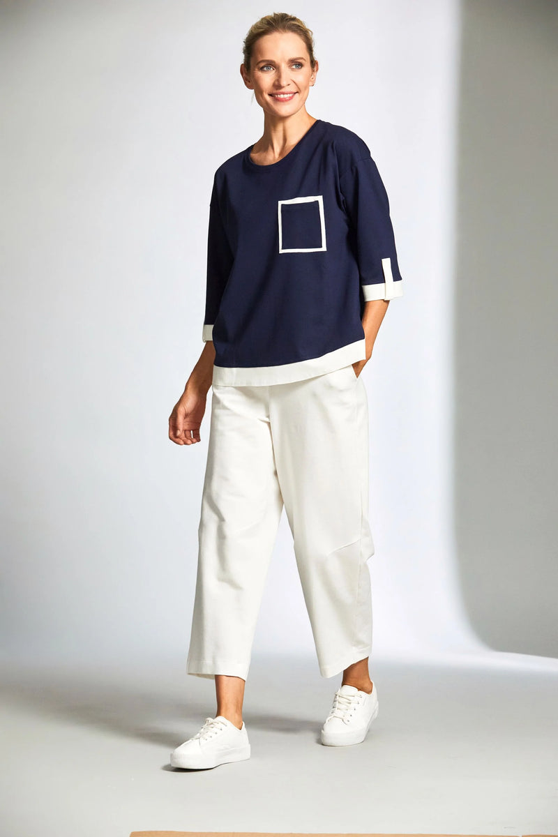 Contrast Panel Top - Navy/Ecru