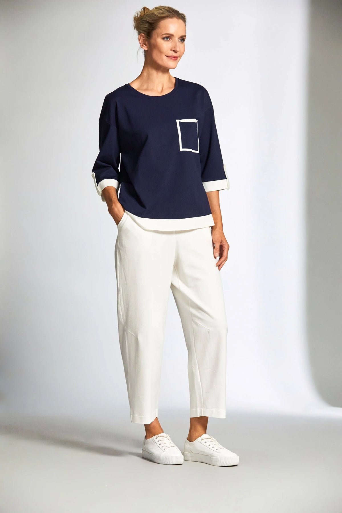 Contrast Panel Top - Navy/Ecru