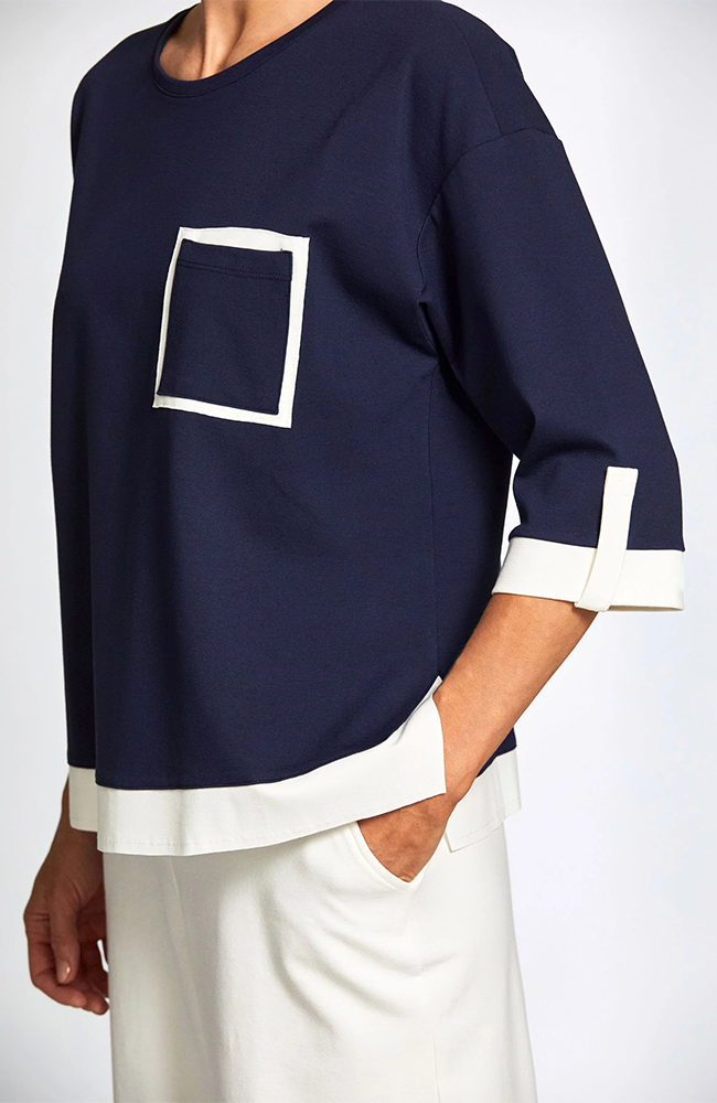 Contrast Panel Top - Navy/Ecru