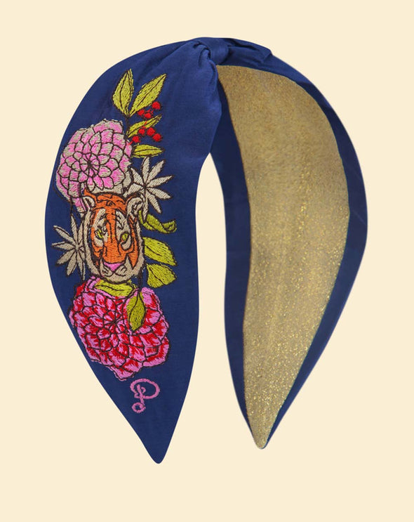 Floral Tiger Face Satin Embroidered Headband - Indigo