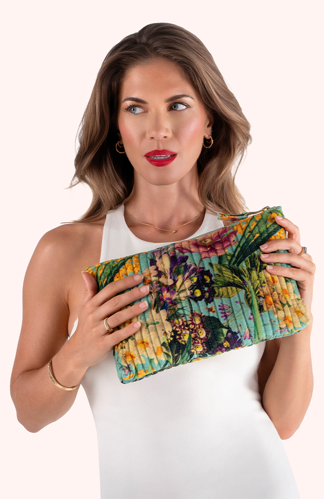 Quilted Velvet Zip Pouch - Spring Flora