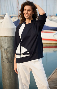 Buckle Colour Block Top - Navy/Ecru