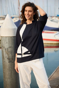 Buckle Colour Block Top - Navy/Ecru
