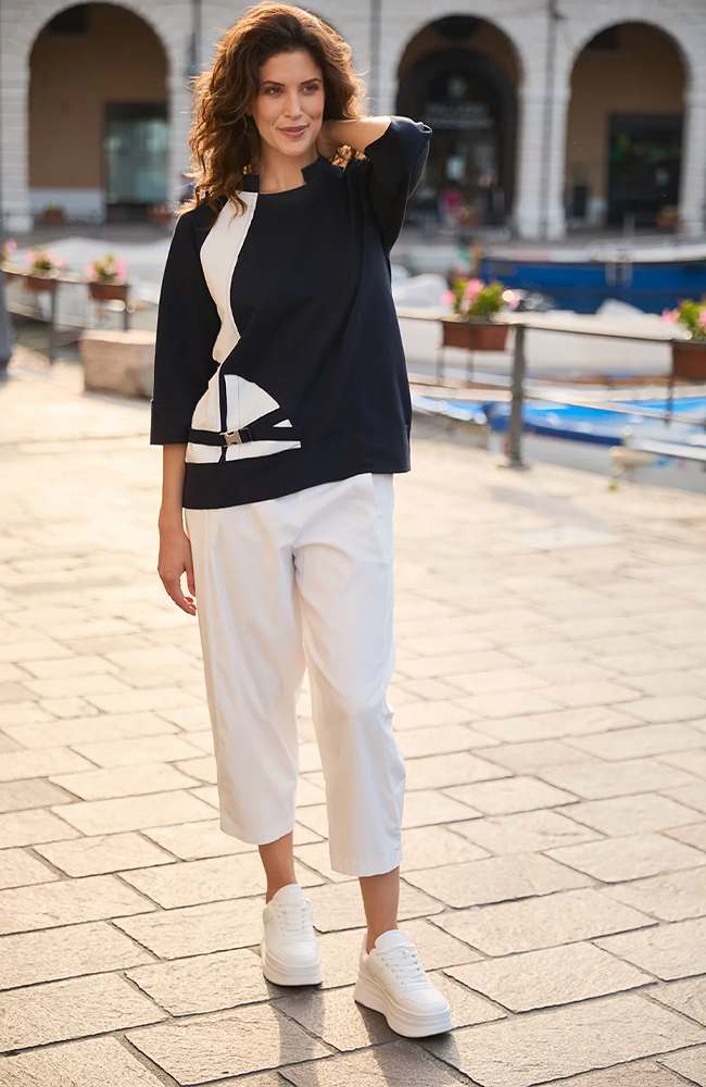 Buckle Colour Block Top - Navy/Ecru