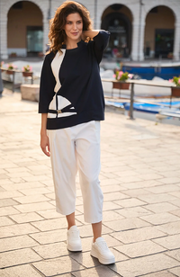Buckle Colour Block Top - Navy/Ecru