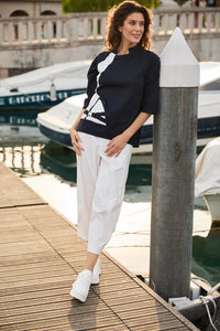 Buckle Colour Block Top - Navy/Ecru