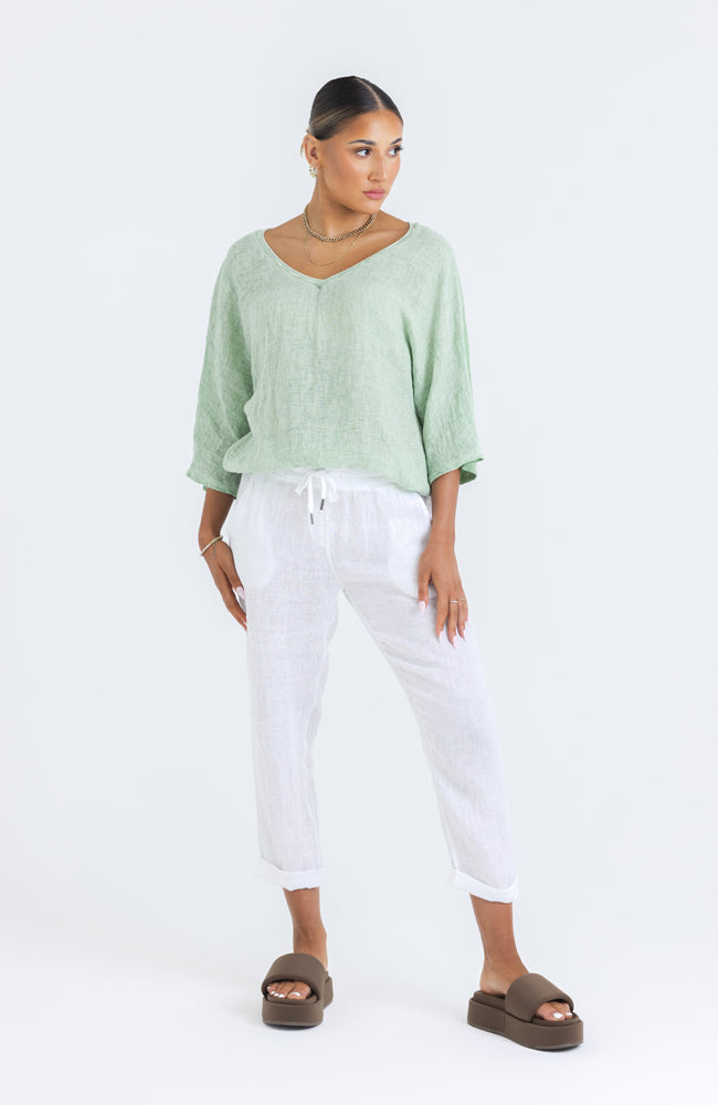 Billie Linen Top - Pistachio