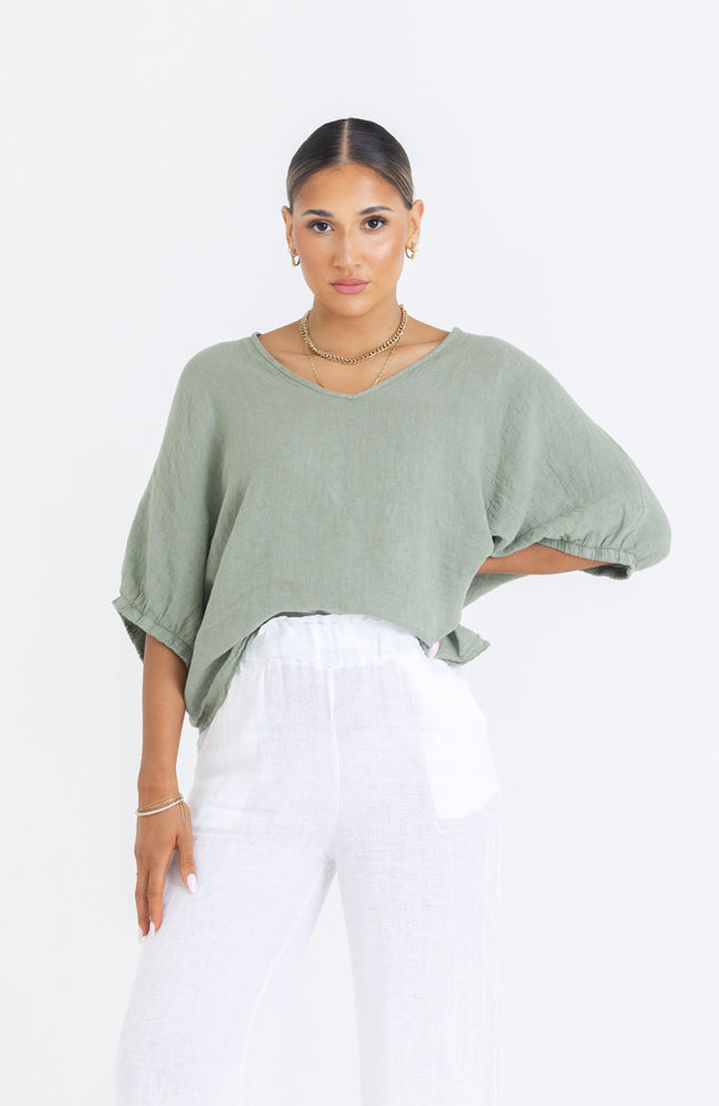 Brianna Linen Top - Sage