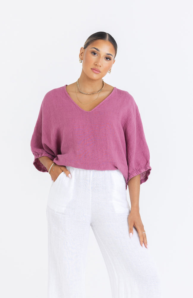 Brianna Linen Top - Rose