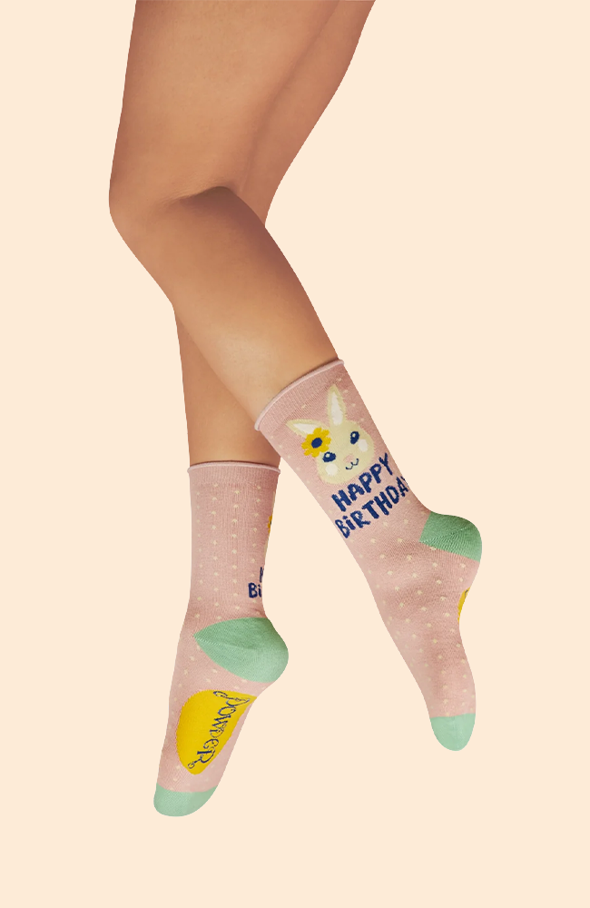 Happy Birthday Bunny Ankle Socks - Petal