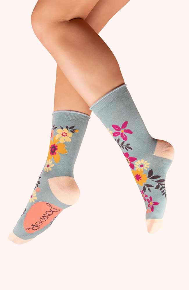 Ladies Ankle Socks - Floral Spray, Ice