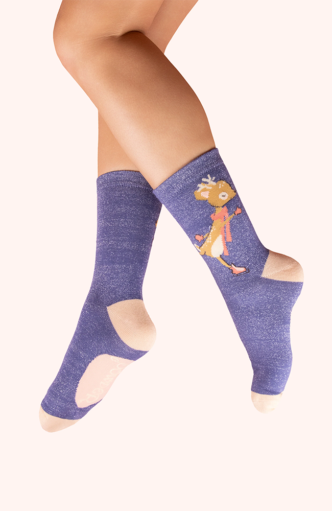 Glitter Ankle Socks - Skating Deer