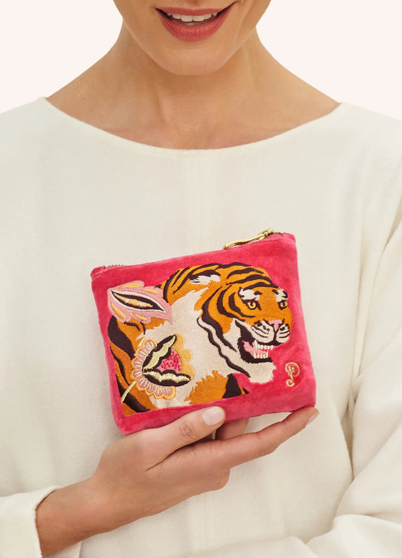 Velvet Embroidered Mini Pouch - Thrill of the Tiger, Fuchsia