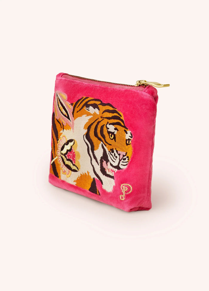 Velvet Embroidered Mini Pouch - Thrill of the Tiger, Fuchsia