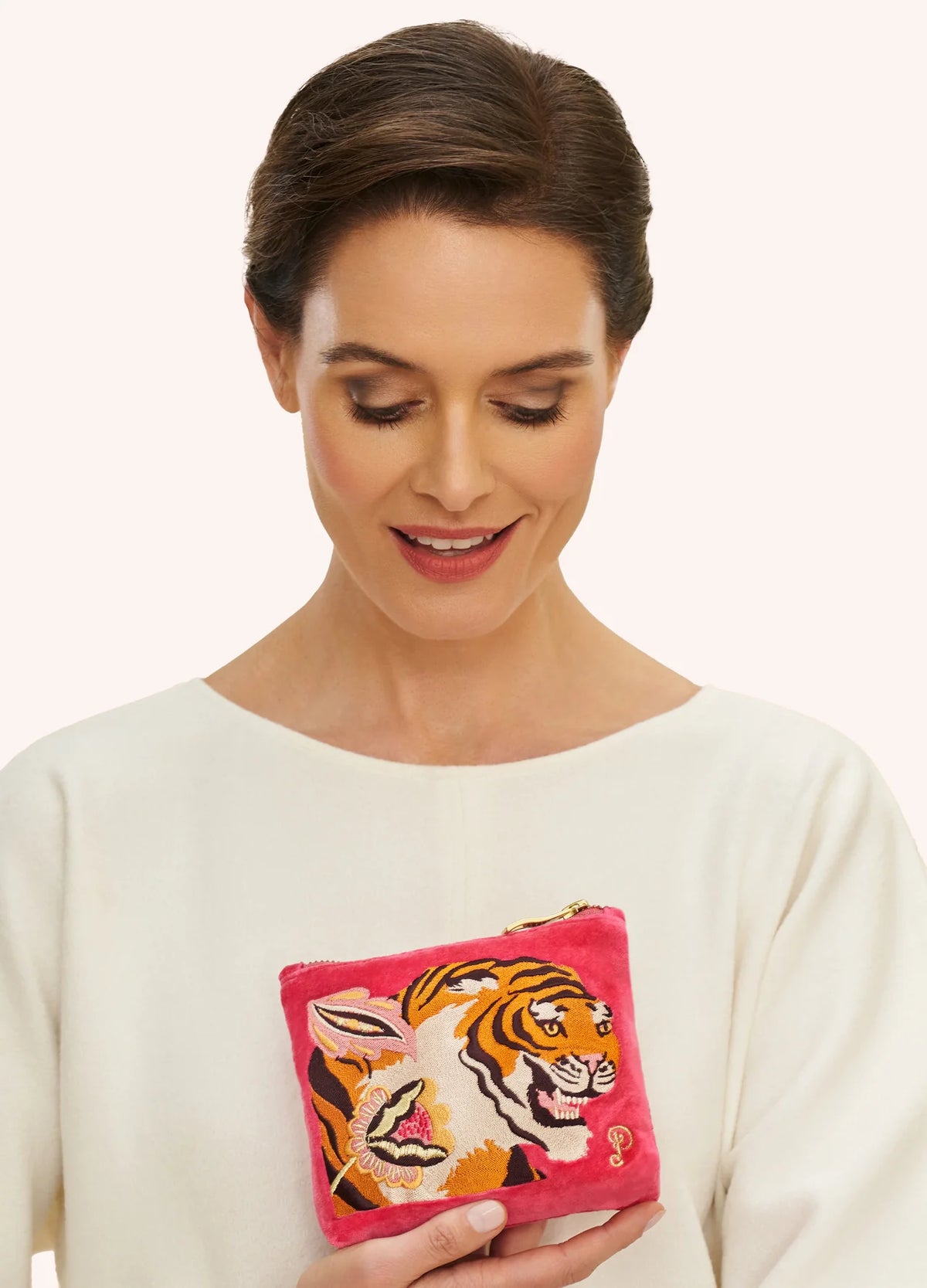 Velvet Embroidered Mini Pouch - Thrill of the Tiger, Fuchsia