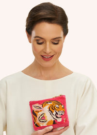 Velvet Embroidered Mini Pouch - Thrill of the Tiger, Fuchsia
