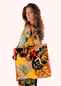 Luxe Velvet Quilted Tote - Exotic Leaves