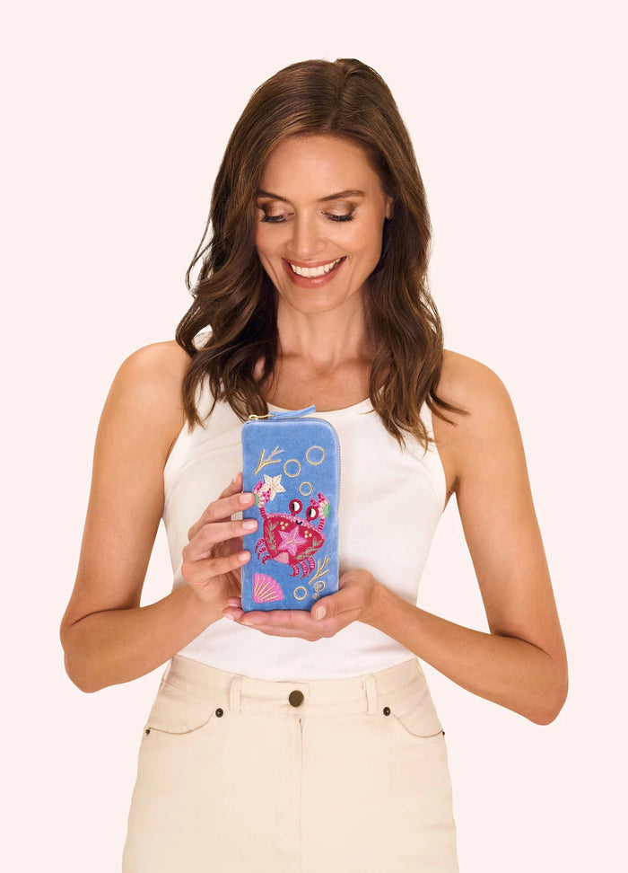 Velvet Sunglasses Pouch - Seafaring Crab, Cornflower