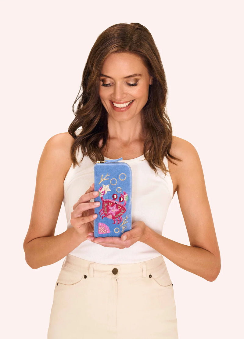 Velvet Sunglasses Pouch - Seafaring Crab, Cornflower